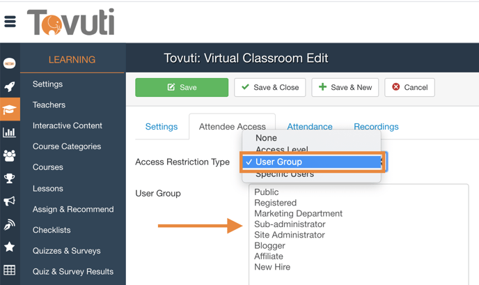 Add Attendee Access User Groups